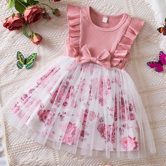  Embroidery Toddler New Baby Little Princess Girls Pink Fly Ruffle Sleeveless Strap Printed Bowknot Summer Party Outfit Knee Lenght Net Casual Frock Clothes Set image 3