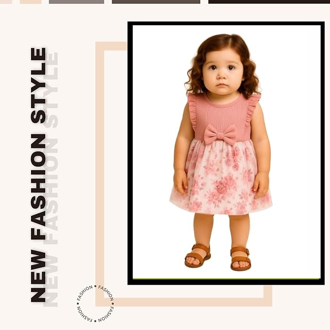  Embroidery Toddler New Baby Little Princess Girls Pink Fly Ruffle Sleeveless Strap Printed Bowknot Summer Party Outfit Knee Lenght Net Casual Frock Clothes Set image 6