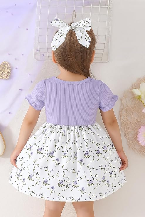 DANGRI Frock Half Sleeve Frock Dress for Girls Toddler Little Princess Printed Bowknot Knee Lenght Net Clothes Set image 2
