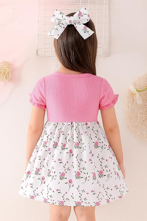 DANGRI Frock Half Sleeve Frock Dress for Girls Toddler Little Princess Printed Bowknot Knee Lenght Net Clothes Set image 2
