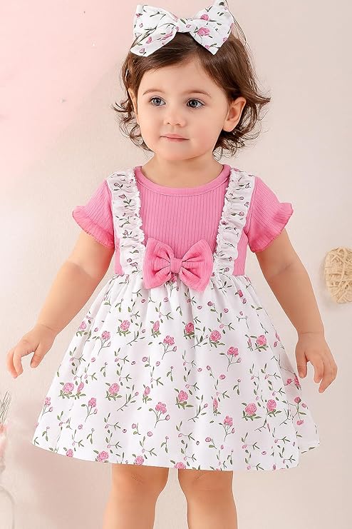 DANGRI Frock Half Sleeve Frock Dress for Girls Toddler Little Princess Printed Bowknot Knee Lenght Net Clothes Set