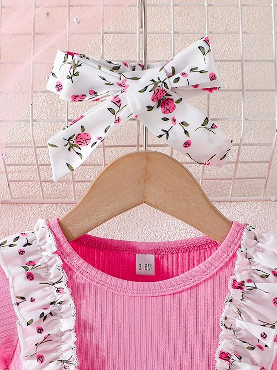 DANGRI Frock Half Sleeve Frock Dress for Girls Toddler Little Princess Printed Bowknot Knee Lenght Net Clothes Set image 3