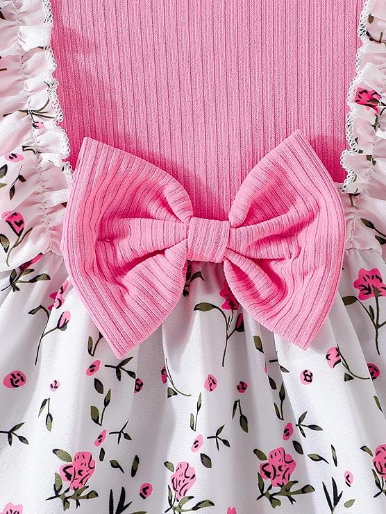 DANGRI Frock Half Sleeve Frock Dress for Girls Toddler Little Princess Printed Bowknot Knee Lenght Net Clothes Set image 4