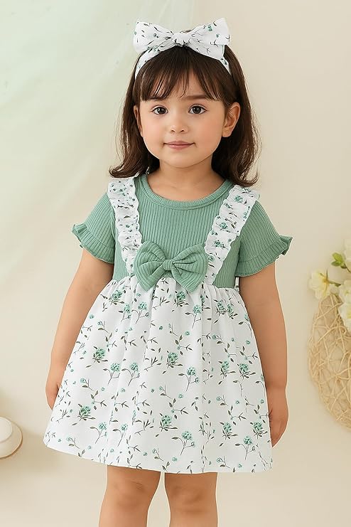 DANGRI Frock Half Sleeve Frock Dress for Girls Toddler Little Princess Printed Bowknot Knee Lenght Net Clothes Set
