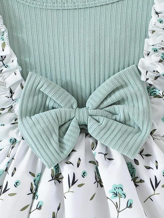 DANGRI Frock Half Sleeve Frock Dress for Girls Toddler Little Princess Printed Bowknot Knee Lenght Net Clothes Set image 4