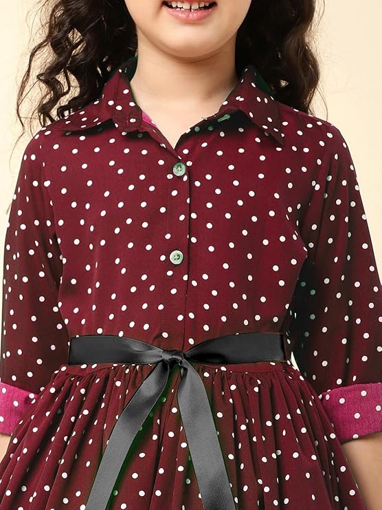 Girls Knee Length Printed Dress | Festive Dress for Girls| Knee Length Frock Dress |3/4 Sleeve Fancy Dress | Maroon Dress for Girls Tops for Girls Frock | image 2