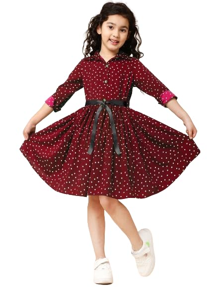 Girls Knee Length Printed Dress | Festive Dress for Girls| Knee Length Frock Dress |3/4 Sleeve Fancy Dress | Maroon Dress for Girls Tops for Girls Frock |