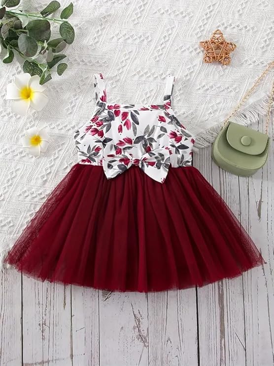 Baby Girls Pink Sleeveless Printed Knee Lenght Net Frock Clothes Set