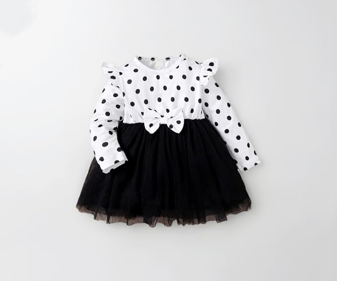 Baby Printed Ruffle Trim Bow Front Mesh Hem Dress Embroidery Toddler Little Princess Girls Full Sleeve Strap Printed Bowknot Summer Party Outfit Knee Lenght Net Frock Clothes Set