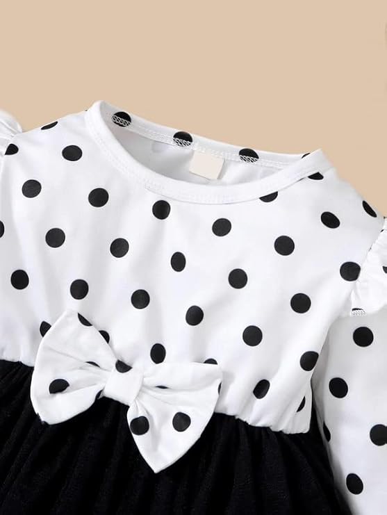 Baby Printed Ruffle Trim Bow Front Mesh Hem Dress Embroidery Toddler Little Princess Girls Full Sleeve Strap Printed Bowknot Summer Party Outfit Knee Lenght Net Frock Clothes Set image 3