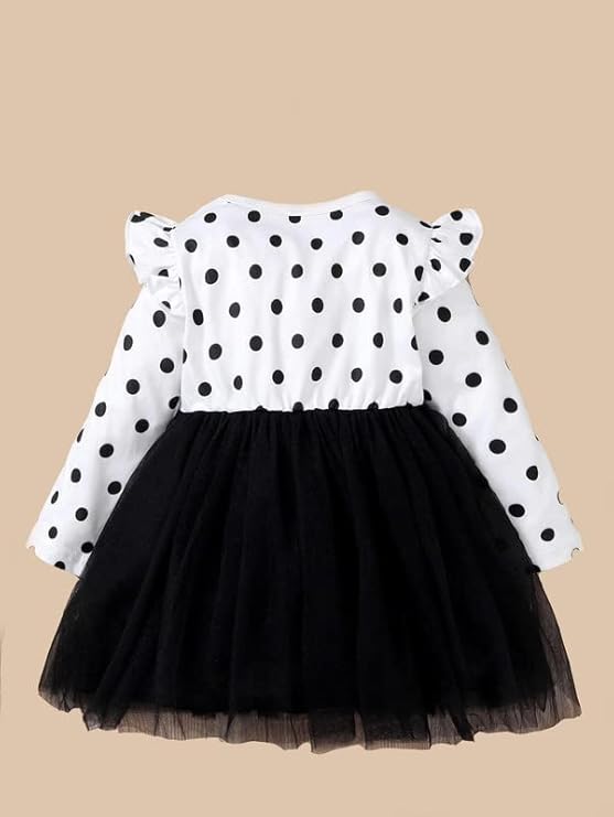 Baby Printed Ruffle Trim Bow Front Mesh Hem Dress Embroidery Toddler Little Princess Girls Full Sleeve Strap Printed Bowknot Summer Party Outfit Knee Lenght Net Frock Clothes Set image 2