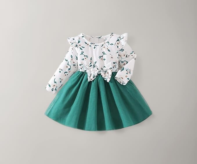Baby Printed Ruffle Trim Bow Front Mesh Hem Dress Embroidery Toddler Little Princess Girls Full Sleeve Strap Printed Bowknot Summer Party Outfit Knee Lenght Net Frock Clothes Set