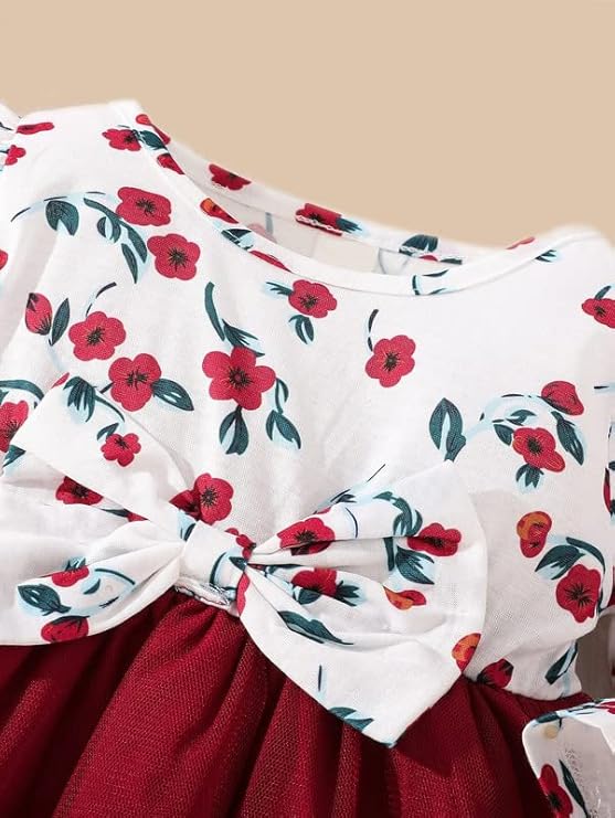 Baby Printed Ruffle Trim Bow Front Mesh Hem Dress Embroidery Toddler Little Princess Girls Full Sleeve Strap Printed Bowknot Summer Party Outfit Knee Lenght Net Frock Clothes Set image 3