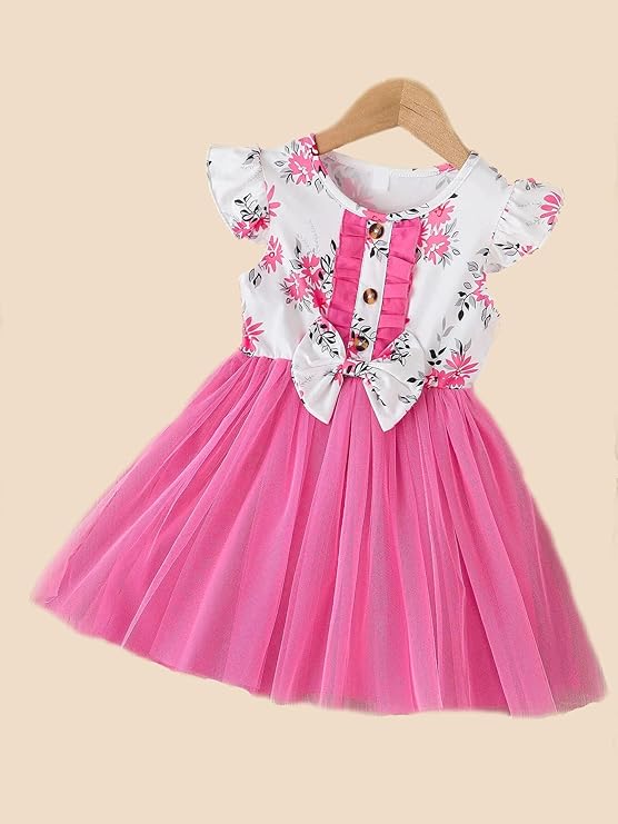 Baby Girl Toddler Dress Half Sleeve Infant Casual Dress Ruffle Print Girls Clothing Dress| Festive/Wedding Dress for Girls| Birthday Fancy Dress | Girls Frock Dress| (Pink)