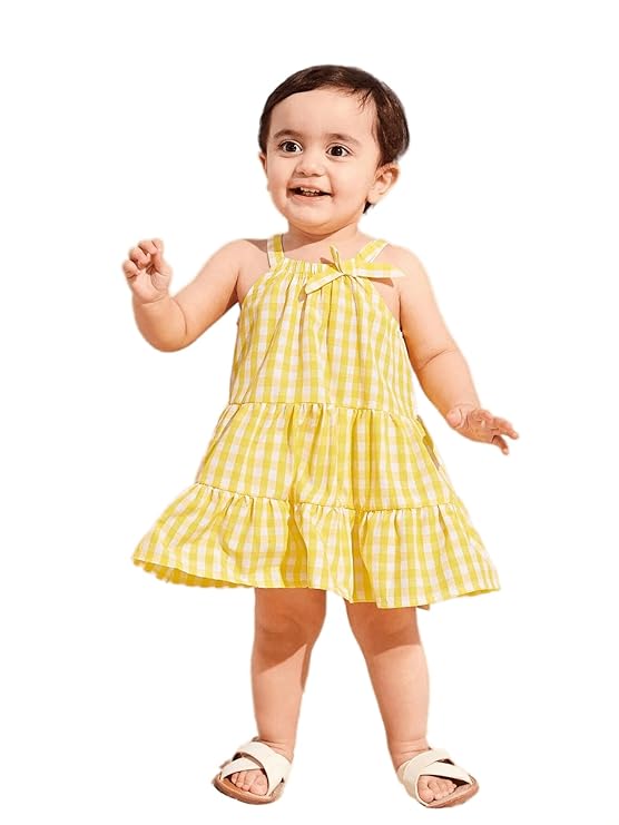 Casual Sweet Baby Children's Fashionable Kids Girls Dresses Toddler Princess Summer Outfit Flower Bowknot Party Dress | Sleeveless | Cotton | Check Box Printed | Knee Length | Frock image 4