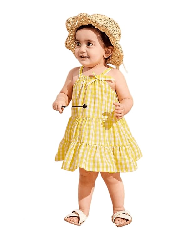 Casual Sweet Baby Children's Fashionable Kids Girls Dresses Toddler Princess Summer Outfit Flower Bowknot Party Dress | Sleeveless | Cotton | Check Box Printed | Knee Length | Frock