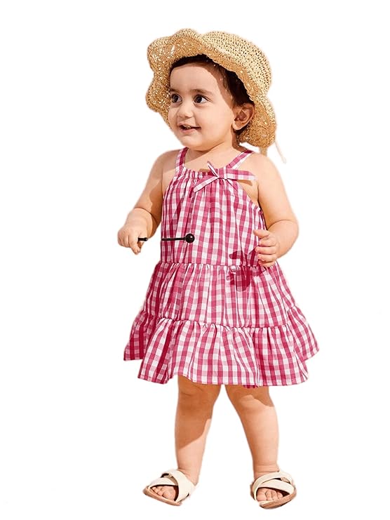 Casual Sweet Baby Children's Fashionable Kids Girls Dresses Toddler Princess Summer Outfit Flower Bowknot Party Dress | Sleeveless | Cotton | Check Box Printed | Knee Length | Frock