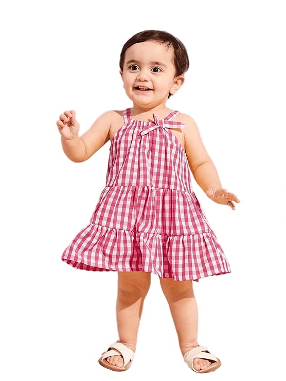 Casual Sweet Baby Children's Fashionable Kids Girls Dresses Toddler Princess Summer Outfit Flower Bowknot Party Dress | Sleeveless | Cotton | Check Box Printed | Knee Length | Frock image 2