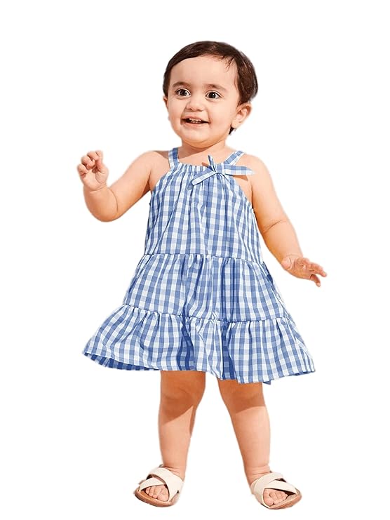 Casual Sweet Baby Children's Fashionable Kids Girls Dresses Toddler Princess Summer Outfit Flower Bowknot Party Dress | Sleeveless | Cotton | Check Box Printed | Knee Length | Frock image 4